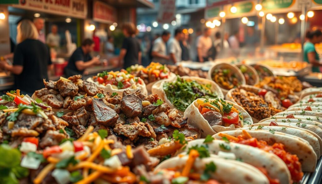 A diverse array of delectable shawarma dishes, meticulously crafted with authentic regional flair. In the foreground, mouth-watering slices of lamb, chicken, and mixed meat shawarma, garnished with vibrant vegetables, fragrant herbs, and tantalizing sauces. The middle ground showcases the cultural variations, from the classic Lebanese wrap to the spicy Mexican-inspired version, each a testament to the global reach of this beloved culinary delight. In the background, a lively street market setting, bustling with the aroma of sizzling meats and the lively chatter of patrons, creating a immersive sensory experience. Warm, golden lighting and a slightly hazy, atmospheric mood evoke the essence of a vibrant, multicultural shawarma haven.