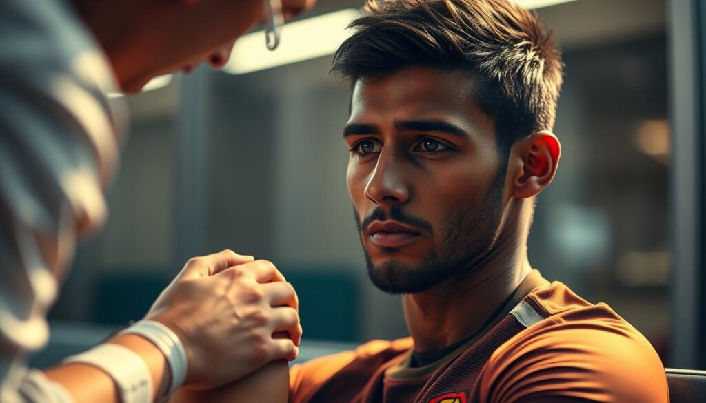 A high-resolution close-up portrait of Jamal Musiala, the young German footballer, in a serene and contemplative pose. He is seated on a bench, his gaze fixed intently as a physiotherapist examines his injured leg, assessing the extent of the fracture. The lighting is soft and warm, casting gentle shadows that accentuate the lines of his face and the tension in his muscles. The background is blurred, with a hint of a training facility or medical clinic visible, emphasizing the focus on Musiala's recovery process. The overall mood is one of concern and determination, reflecting the gravity of his injury and the challenges he faces in his rehabilitation.
