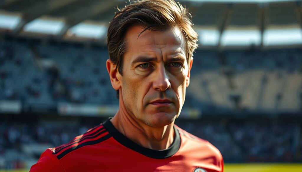 A middle-aged man with dark hair and a serious expression, standing on a football pitch with a German national team jersey. Bright sunlight casts dramatic shadows, highlighting the determination in his gaze. The background is blurred, with the stadium stands and spectators visible in the distance, creating a sense of focus on the player. The image conveys the impact of an injury that may prevent this skilled athlete from representing his country on the international stage.