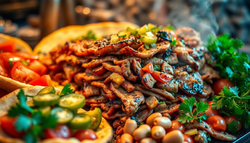 A tantalizing display of authentic Shawarma flavors takes center stage, captured in stunning detail. The sizzling meat slivers are beautifully layered, emitting an enticing aroma of garlic, spices, and charred notes. Crisp pita bread and a vibrant array of toppings - juicy tomatoes, crunchy pickles, and lush parsley - surround the main attraction. Warm lighting casts a golden glow, heightening the appetizing presentation. The scene exudes the lively atmosphere of a bustling Middle Eastern street-side vendor, inviting the viewer to savor the complex and mouthwatering essence of true Shawarma.